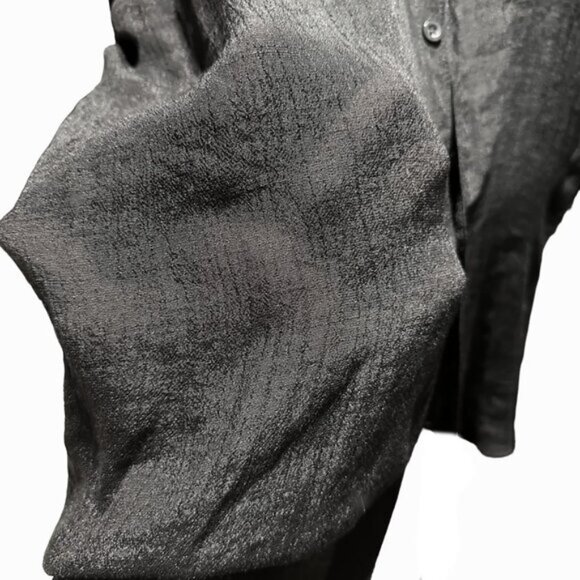 Mandarin Collar Sheer Button Down Long Sleeve Shirt Black - Picture 4 of 5